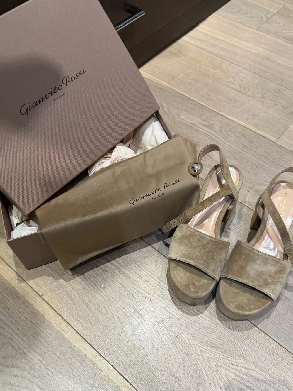 Gianvito Rossi “Carol “ Tan suede platform sandals